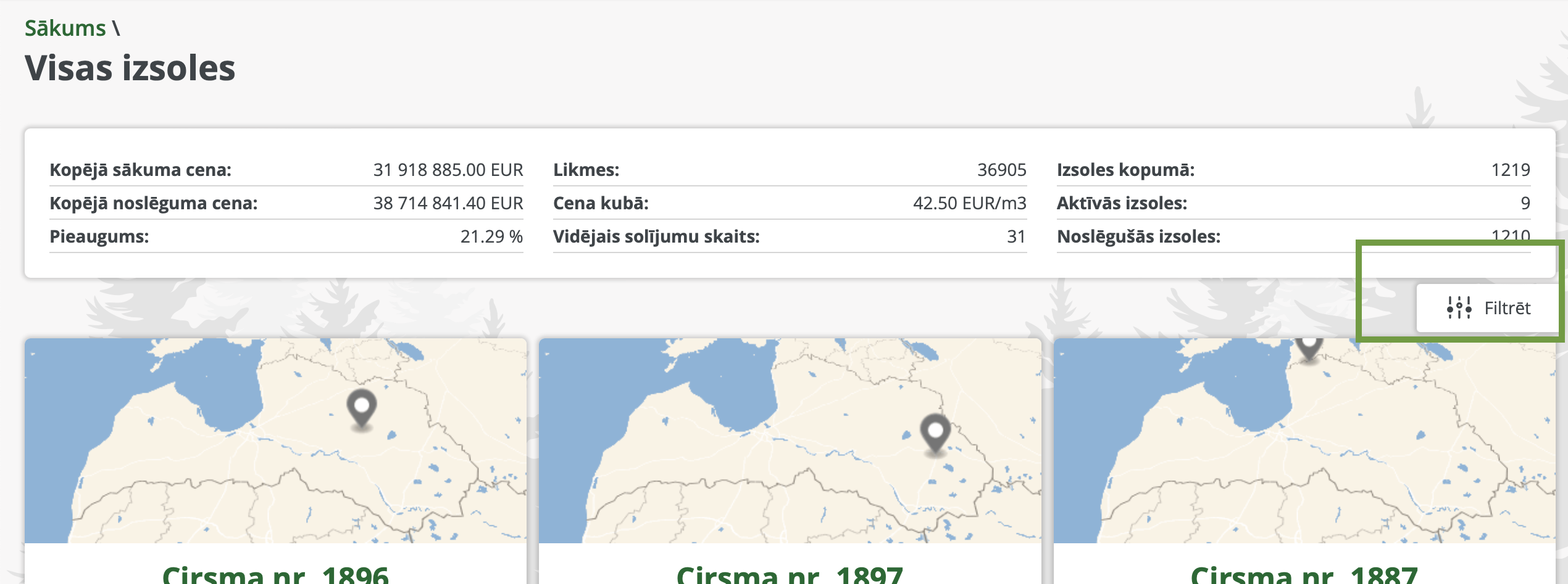datu filtrs meža birža izsoles