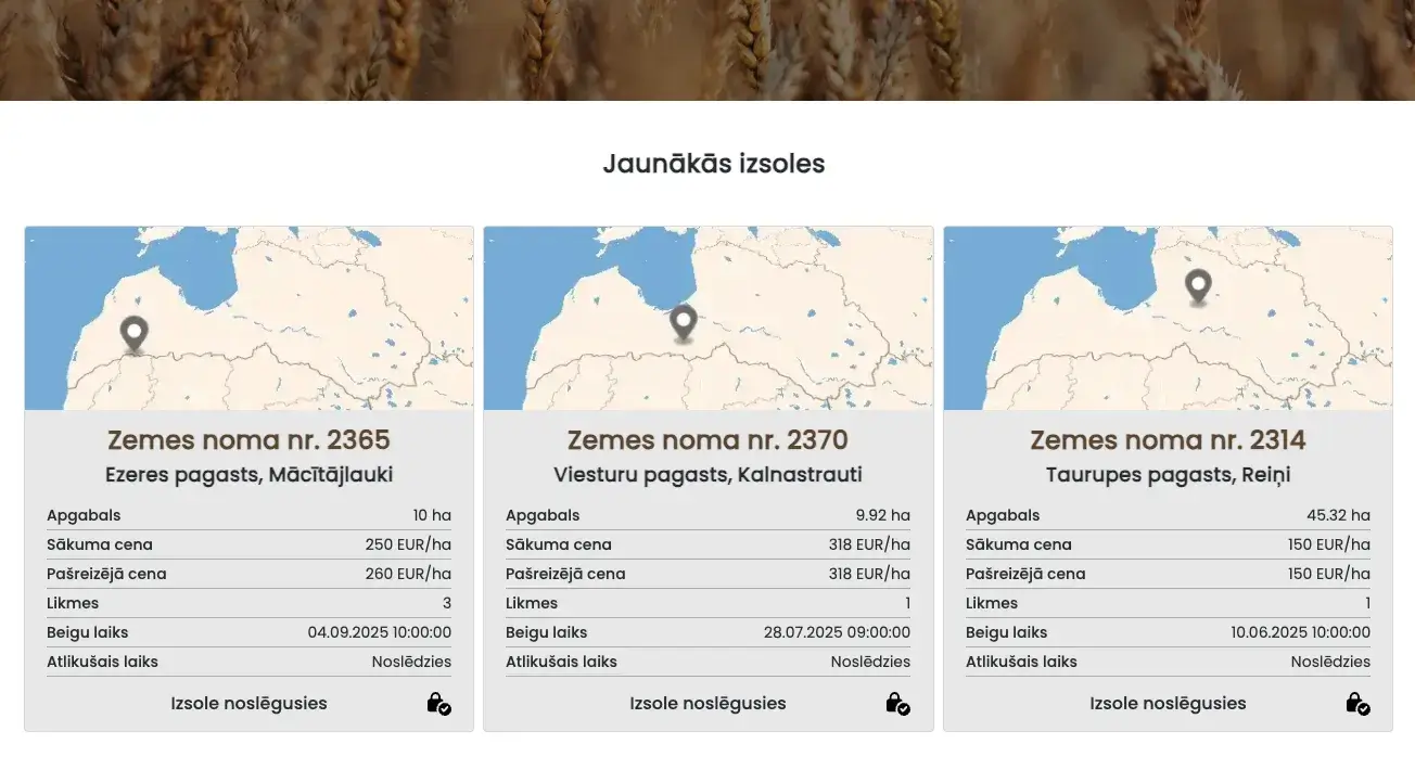 jaunākās lauksaimniecības zemes nomas izsoles